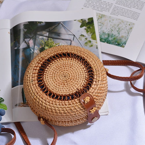 Bali Handmade Woven Rattan Bag - Round Straw Shoulder Bag Women - Summer Crossbody Bag - Boho Beach Circle Bag Zagiz