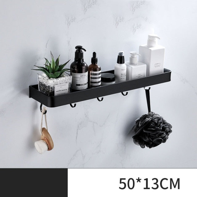 ULA Black Bathroom Shelf 30/40/50/60 cm Kitchen Wall Shelf Shower Holder Storage Rack Towel Bar Robe Hooks Bathroom Accessories Zagiz