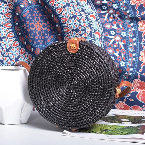 Bali Handmade Woven Rattan Bag - Round Straw Shoulder Bag Women - Summer Crossbody Bag - Boho Beach Circle Bag Zagiz