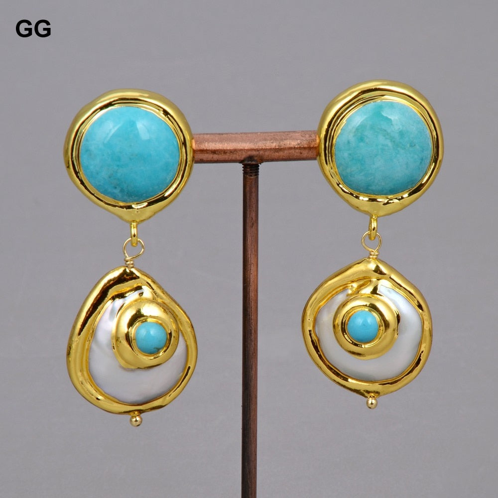 Natural Cultured Baroque Coin Pearl Gold Color Plated Blue Turquoises Necklace Bracelet Earrings Set Zagiz