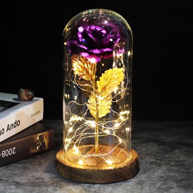 LED Enchanted Galaxy Rose Eternal 24K Gold Foil Flower With Fairy String Lights In Dome Zagiz