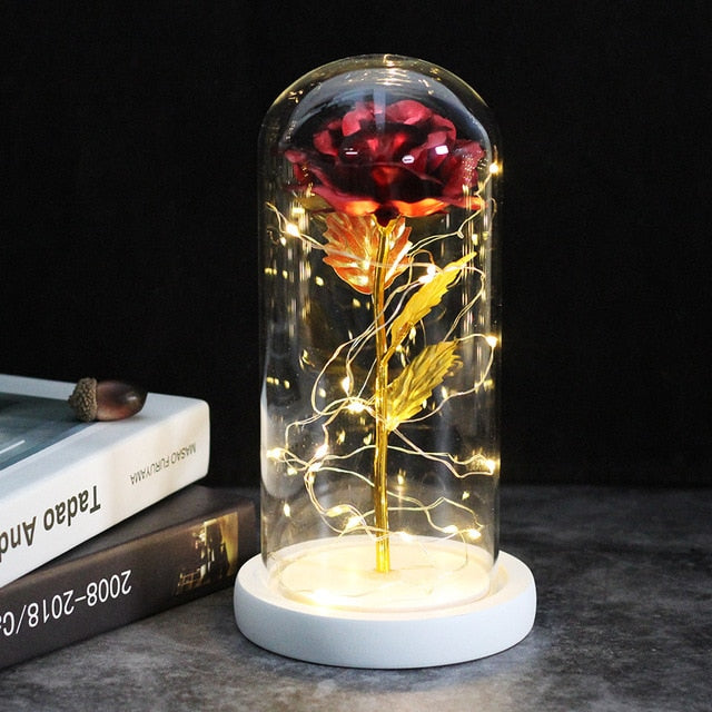 LED Enchanted Galaxy Rose Eternal 24K Gold Foil Flower With Fairy String Lights In Dome Zagiz