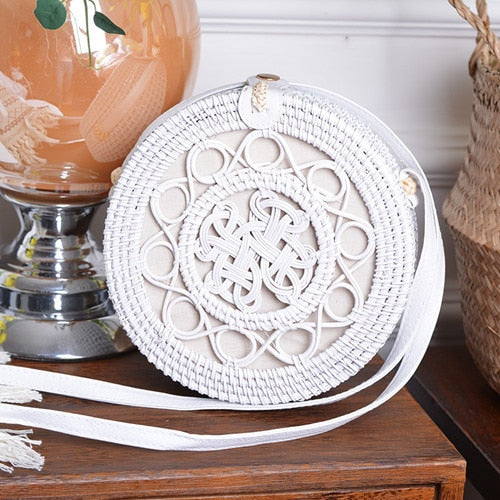 Bali Handmade Woven Rattan Bag - Round Straw Shoulder Bag Women - Summer Crossbody Bag - Boho Beach Circle Bag Zagiz