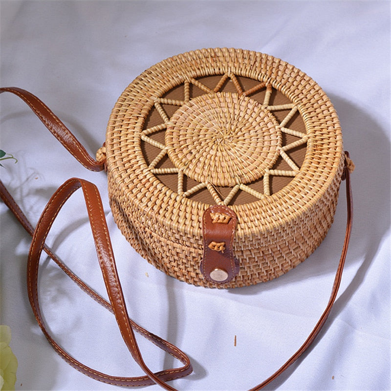 Bali Handmade Woven Rattan Bag - Round Straw Shoulder Bag Women - Summer Crossbody Bag - Boho Beach Circle Bag Zagiz