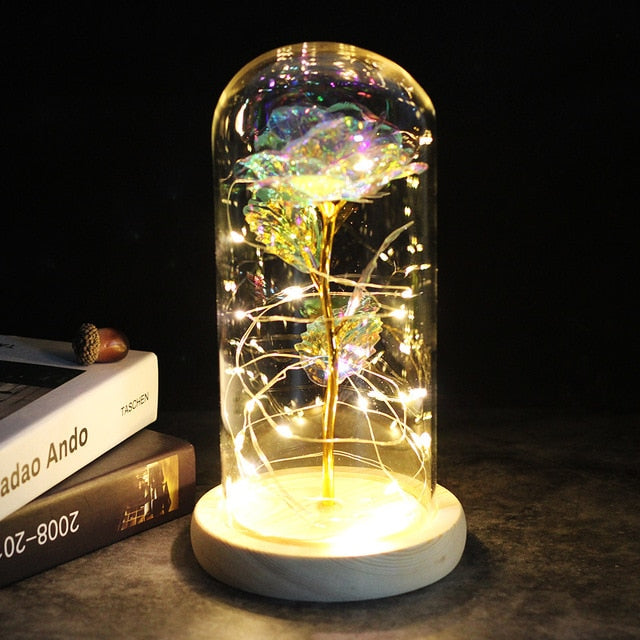 LED Enchanted Galaxy Rose Eternal 24K Gold Foil Flower With Fairy String Lights In Dome Zagiz