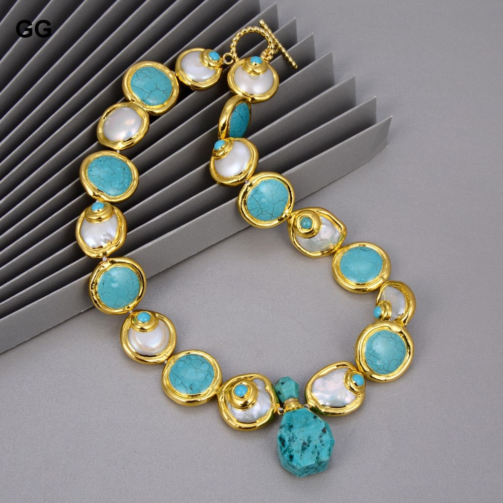 Natural Cultured Baroque Coin Pearl Gold Color Plated Blue Turquoises Necklace Bracelet Earrings Set Zagiz