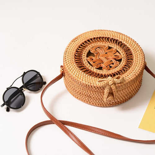 Bali Handmade Woven Rattan Bag - Round Straw Shoulder Bag Women - Summer Crossbody Bag - Boho Beach Circle Bag Zagiz