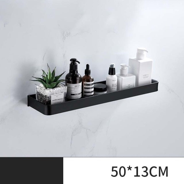 ULA Black Bathroom Shelf 30/40/50/60 cm Kitchen Wall Shelf Shower Holder Storage Rack Towel Bar Robe Hooks Bathroom Accessories Zagiz