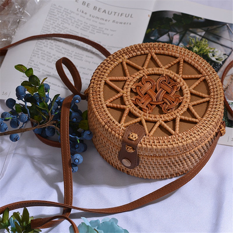 Bali Handmade Woven Rattan Bag - Round Straw Shoulder Bag Women - Summer Crossbody Bag - Boho Beach Circle Bag Zagiz