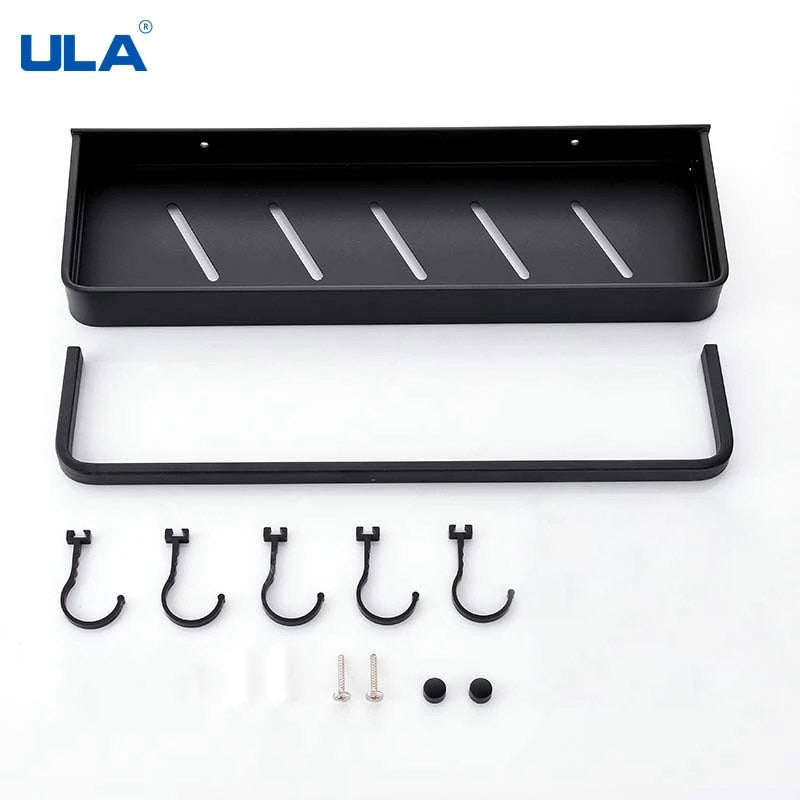 ULA Black Bathroom Shelf 30/40/50/60 cm Kitchen Wall Shelf Shower Holder Storage Rack Towel Bar Robe Hooks Bathroom Accessories Zagiz