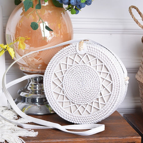 Bali Handmade Woven Rattan Bag - Round Straw Shoulder Bag Women - Summer Crossbody Bag - Boho Beach Circle Bag Zagiz