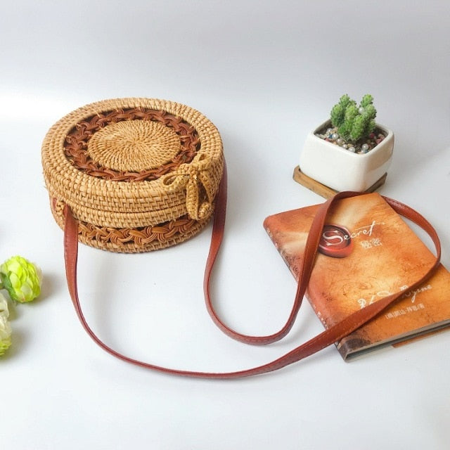 Bali Handmade Woven Rattan Bag - Round Straw Shoulder Bag Women - Summer Crossbody Bag - Boho Beach Circle Bag Zagiz