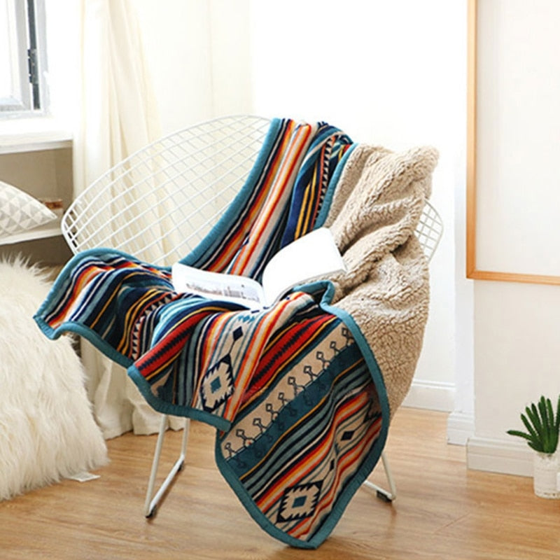 Winter Double Layer Flannel Faux Fleece Throw Blanket Bohemian Colorful Stripes Zagiz
