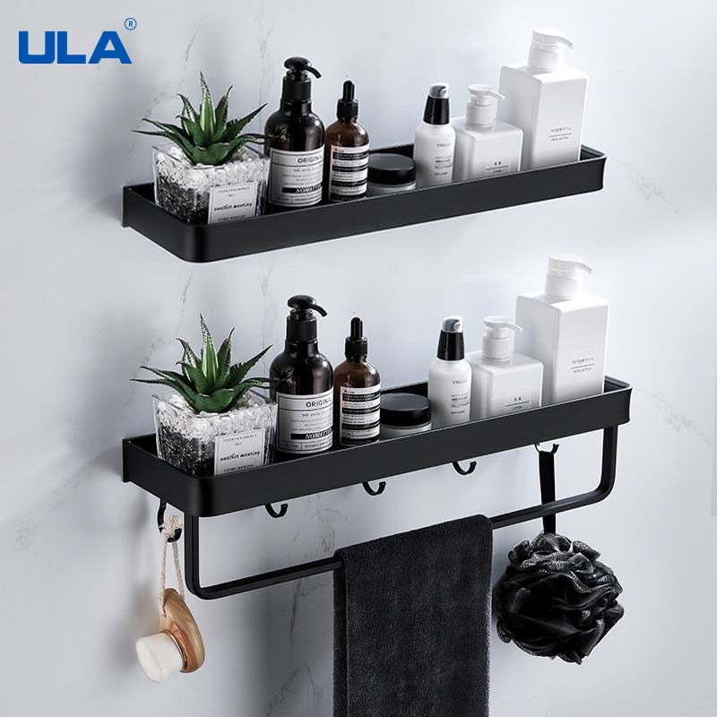 ULA Black Bathroom Shelf 30/40/50/60 cm Kitchen Wall Shelf Shower Holder Storage Rack Towel Bar Robe Hooks Bathroom Accessories Zagiz