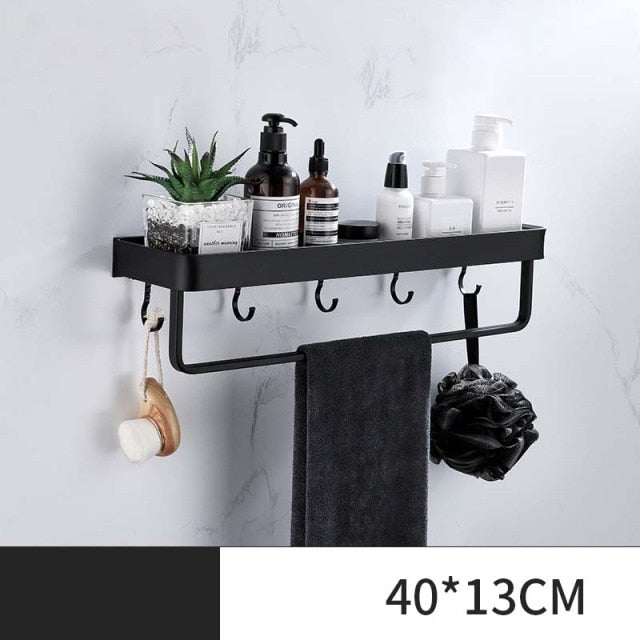 ULA Black Bathroom Shelf 30/40/50/60 cm Kitchen Wall Shelf Shower Holder Storage Rack Towel Bar Robe Hooks Bathroom Accessories Zagiz