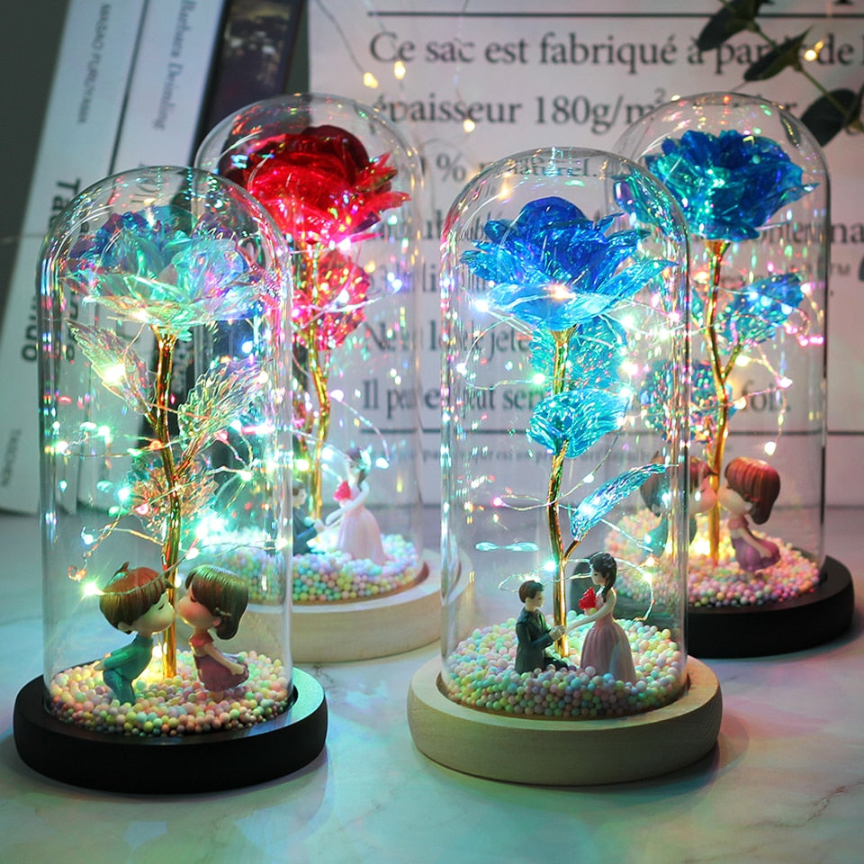 LED Enchanted Galaxy Rose Eternal 24K Gold Foil Flower With Fairy String Lights In Dome Zagiz
