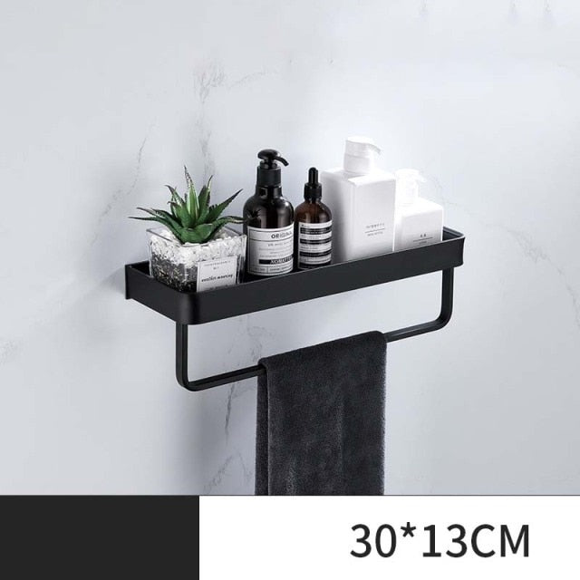 ULA Black Bathroom Shelf 30/40/50/60 cm Kitchen Wall Shelf Shower Holder Storage Rack Towel Bar Robe Hooks Bathroom Accessories Zagiz