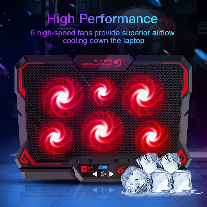 COOLCOLD 17inch Gaming Laptop Cooler Six Fan Led Screen Two USB Port 2600RPM Laptop Cooling Pad Notebook Stand For Laptop Zagiz