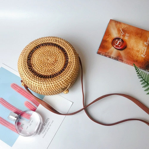 Bali Handmade Woven Rattan Bag - Round Straw Shoulder Bag Women - Summer Crossbody Bag - Boho Beach Circle Bag Zagiz