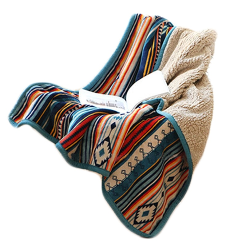 Winter Double Layer Flannel Faux Fleece Throw Blanket Bohemian Colorful Stripes Zagiz