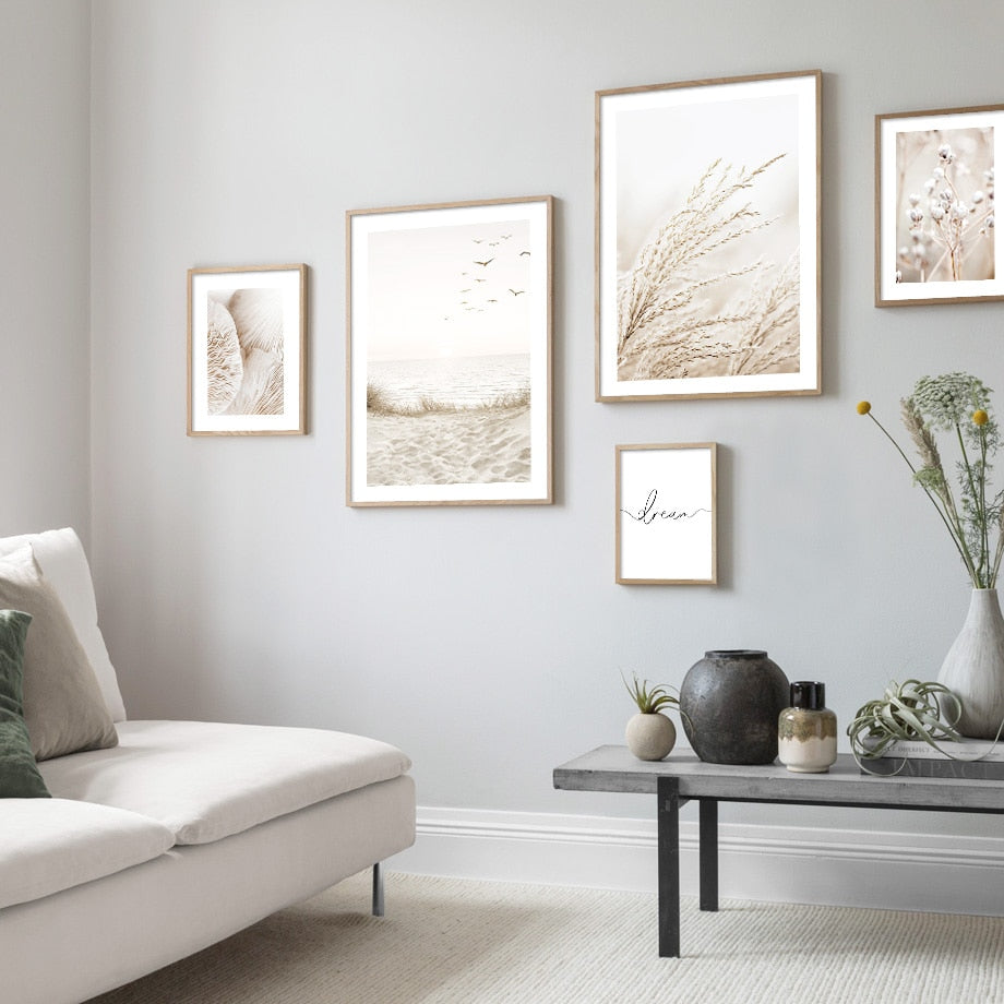 Grains Of Sand Bird Beach Reed Mushroom Beige Nature Nordic Poster Wall Art Print Canvas Painting Decor Pictures For Living Room Zagiz