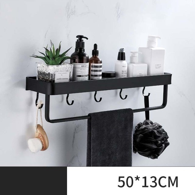 ULA Black Bathroom Shelf 30/40/50/60 cm Kitchen Wall Shelf Shower Holder Storage Rack Towel Bar Robe Hooks Bathroom Accessories Zagiz