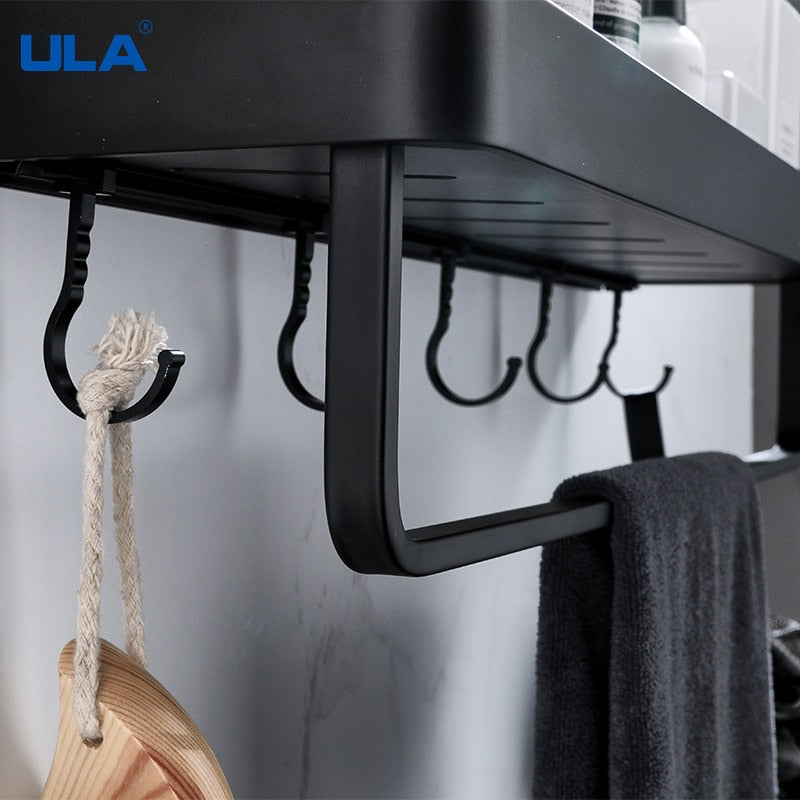ULA Black Bathroom Shelf 30/40/50/60 cm Kitchen Wall Shelf Shower Holder Storage Rack Towel Bar Robe Hooks Bathroom Accessories Zagiz