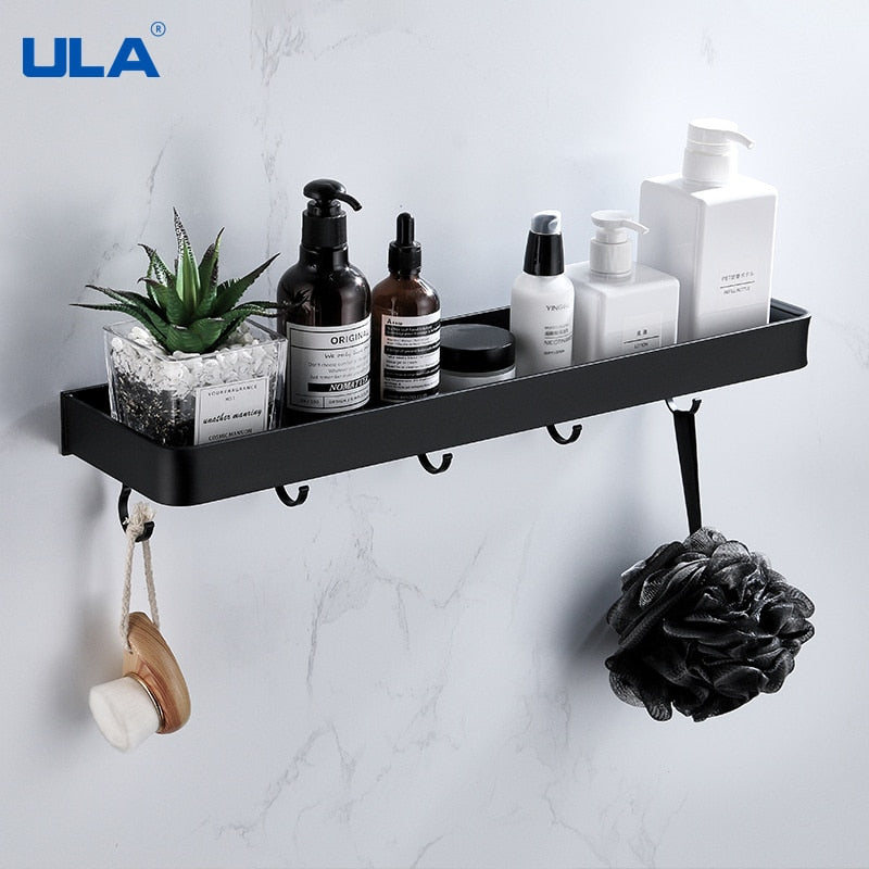 ULA Black Bathroom Shelf 30/40/50/60 cm Kitchen Wall Shelf Shower Holder Storage Rack Towel Bar Robe Hooks Bathroom Accessories Zagiz