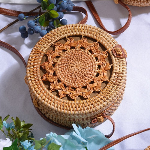 Bali Handmade Woven Rattan Bag - Round Straw Shoulder Bag Women - Summer Crossbody Bag - Boho Beach Circle Bag Zagiz