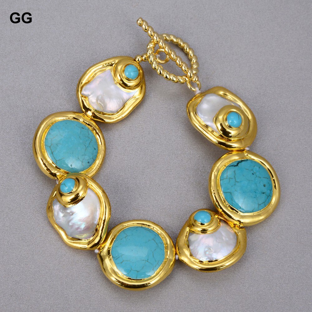 Natural Cultured Baroque Coin Pearl Gold Color Plated Blue Turquoises Necklace Bracelet Earrings Set Zagiz