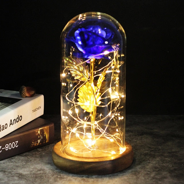 LED Enchanted Galaxy Rose Eternal 24K Gold Foil Flower With Fairy String Lights In Dome Zagiz