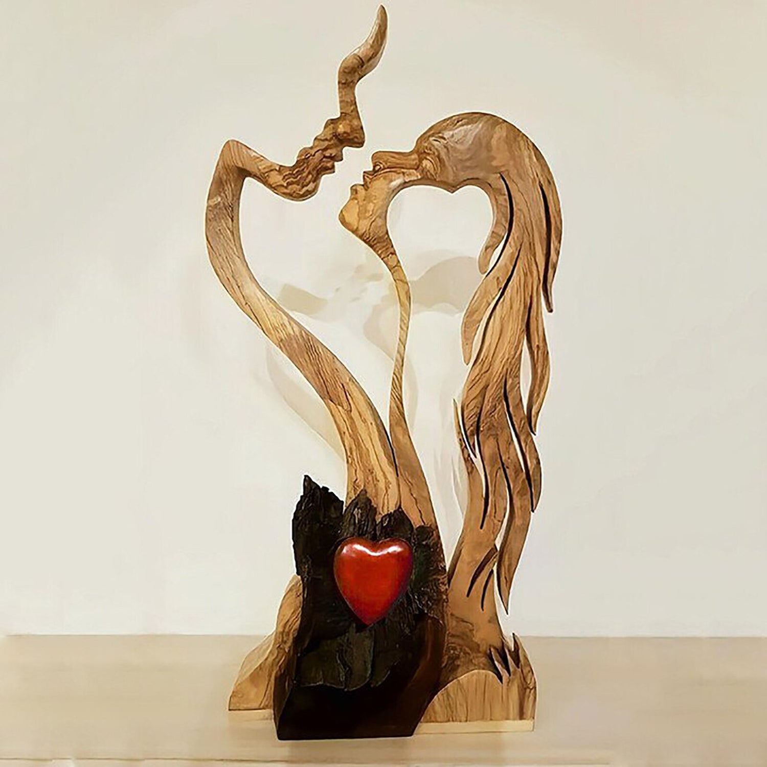 Love Eternal Wood Decoration Craft - Wooden-Heart Sculpture Couple Kissing Statue Zagiz