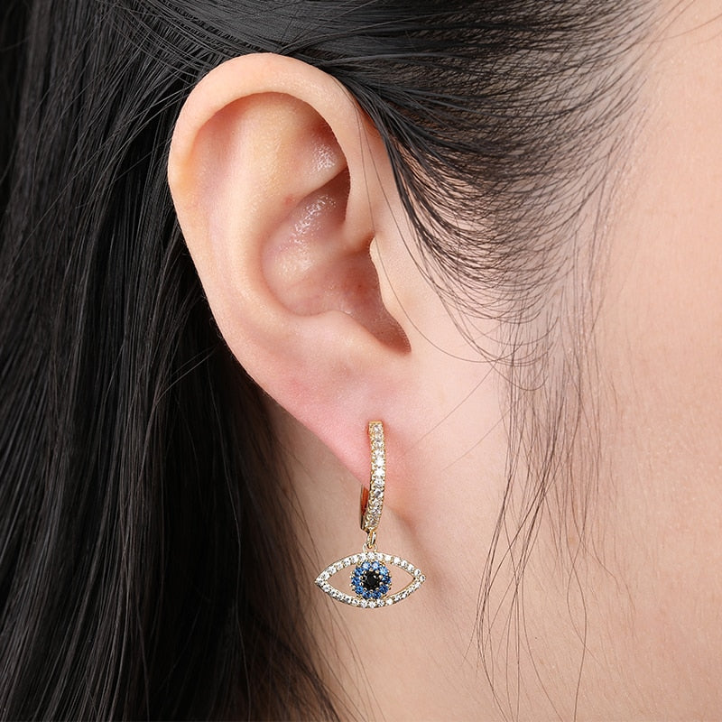 Blue Zircon Pendant 17MM Hoop Earrings Turkish Lucky Eye Dangle Drop Earrings Zagiz
