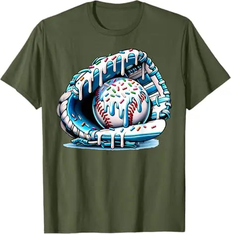 Baseball Drip Ice Cream Sprinkles Baseball Glove T-Shirt Humor Funny Pitcher, Catcher Graphic Outfit Novelty Gift Streetwear Tee Zagiz