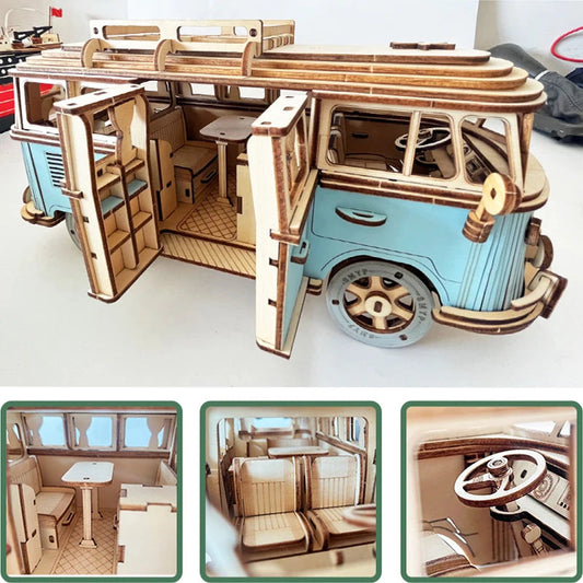 Retro Bus European-style Campervan 3D Wooden Car Puzzle DIY Sailing Ship Airplane Building House Model Jigsaw Toys For Children Zagiz