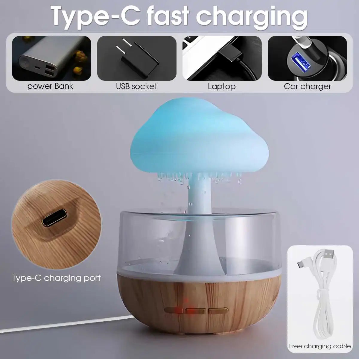Rain Cloud Humidifier Rain Colorful Mushroom Cloud Raindrop Atmosphere Lamp Night Light Essential Oil Small Aromatherapy Machine Zagiz