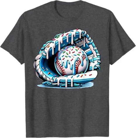 Baseball Drip Ice Cream Sprinkles Baseball Glove T-Shirt Humor Funny Pitcher, Catcher Graphic Outfit Novelty Gift Streetwear Tee Zagiz