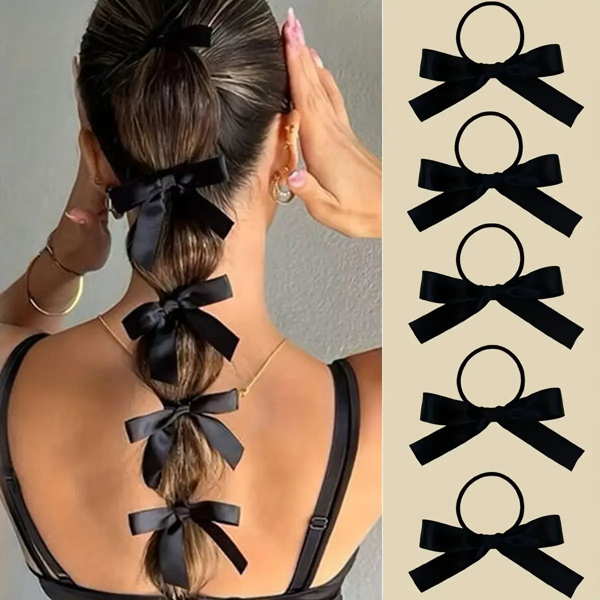 5 pieces of black, cute, bow-decorated hair ties for girls | Ideal for everyday casual use and as a festive gift accessory. Zagiz