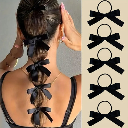 5 pieces of black, cute, bow-decorated hair ties for girls | Ideal for everyday casual use and as a festive gift accessory. Zagiz
