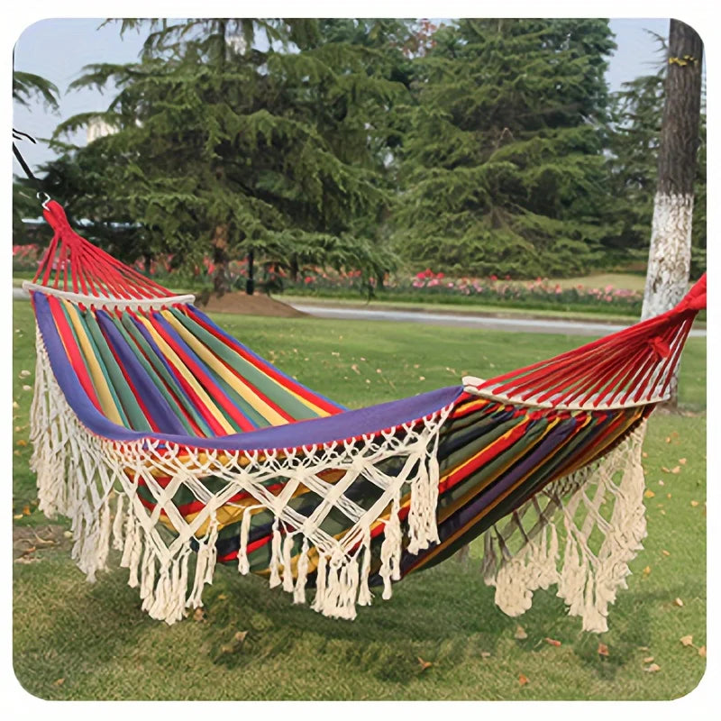 Bohemian Double Hammock for 2 Person, Red White Striped Pattern with Tassels, Heavy Duty Rope Outdoor Hammock with Carry Bag Zagiz