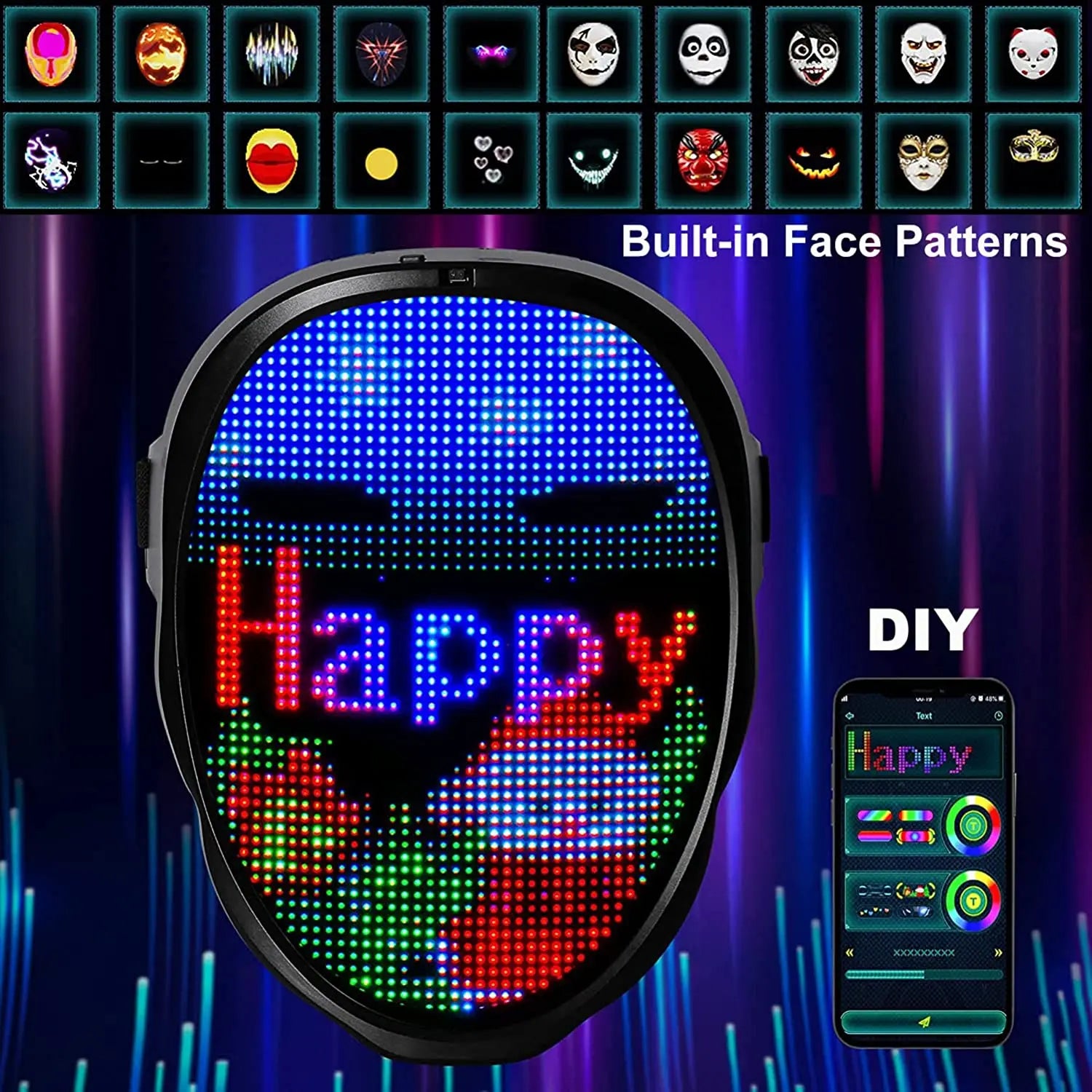 Led Mask Custom Face Transforming LED Mask App Controlled - Programmable LED Halloween ...