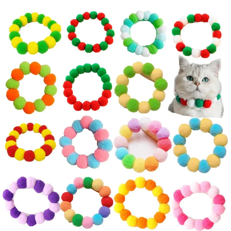 Elastic Plush Pom Ball Pet Collar Rainbow Flower Hair Decoration Dog Bowtie Necklace Pet Cat Bow Dog Grooming Accessories Zagiz