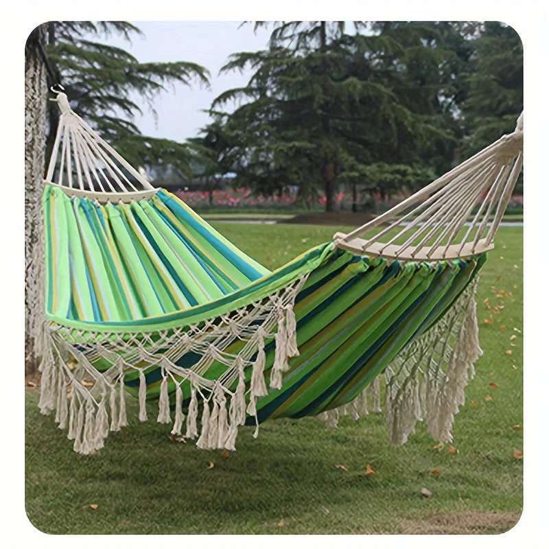 Bohemian Double Hammock for 2 Person, Red White Striped Pattern with Tassels, Heavy Duty Rope Outdoor Hammock with Carry Bag Zagiz