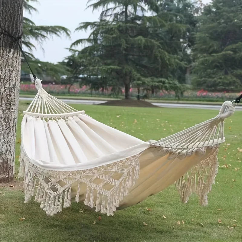 Bohemian Double Hammock for 2 Person, Red White Striped Pattern with Tassels, Heavy Duty Rope Outdoor Hammock with Carry Bag Zagiz