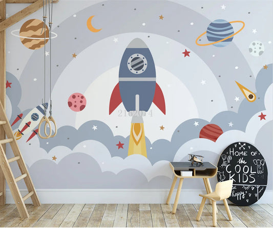 photo wallpaper Nordic modern hand-painted cartoon space universe planet rocket children's room background Decorative painting Zagiz