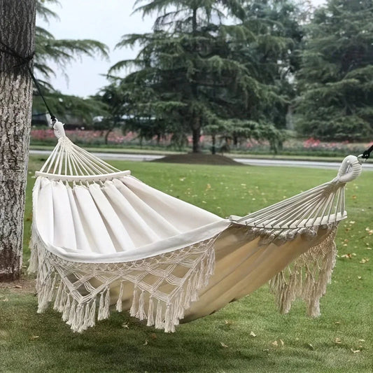 Bohemian Double Hammock for 2 Person, Red White Striped Pattern with Tassels, Heavy Duty Rope Outdoor Hammock with Carry Bag Zagiz