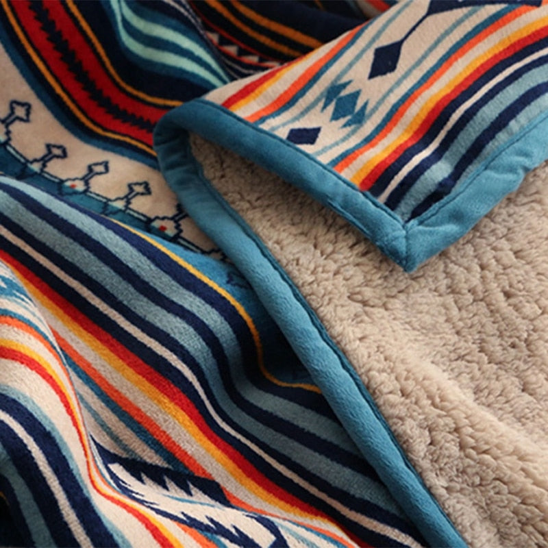 Winter Double Layer Flannel Faux Fleece Throw Blanket Bohemian Colorful Stripes
