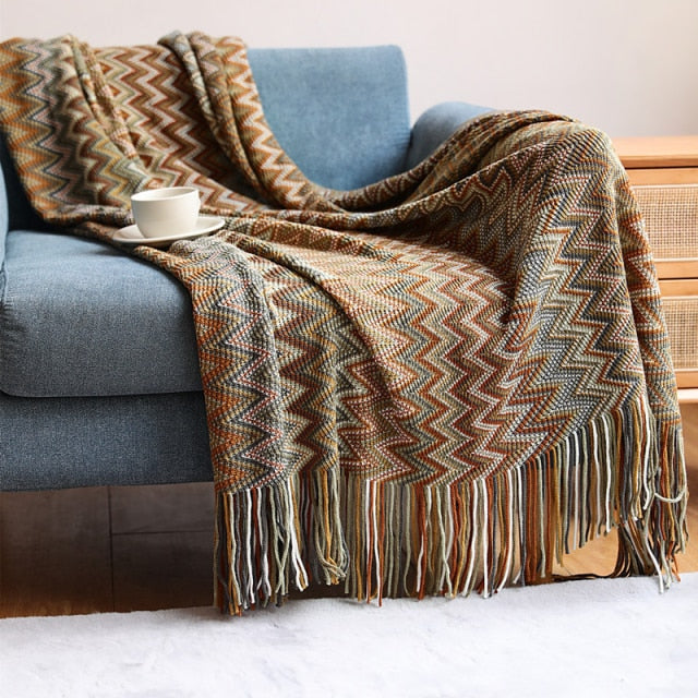 Bohemian Knitted Sofa Throw Blankets With Tassels