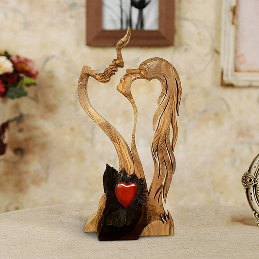 Love Eternal Wood Decoration Craft - Wooden-Heart Sculpture Couple Kissing Statue