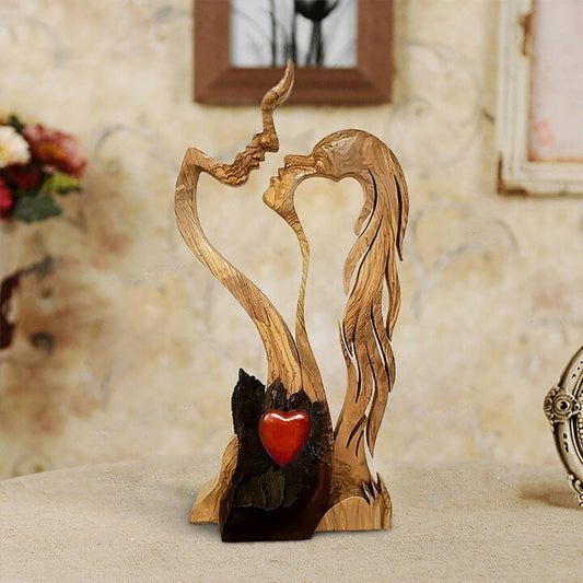 Love Eternal Wood Decoration Craft - Wooden-Heart Sculpture Couple Kissing Statue Zagiz